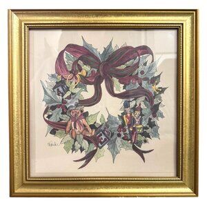 Lithograph A. Parker Christmas Wreath Toy Soldier Teddy Bear Gold Frame‎ Vintage